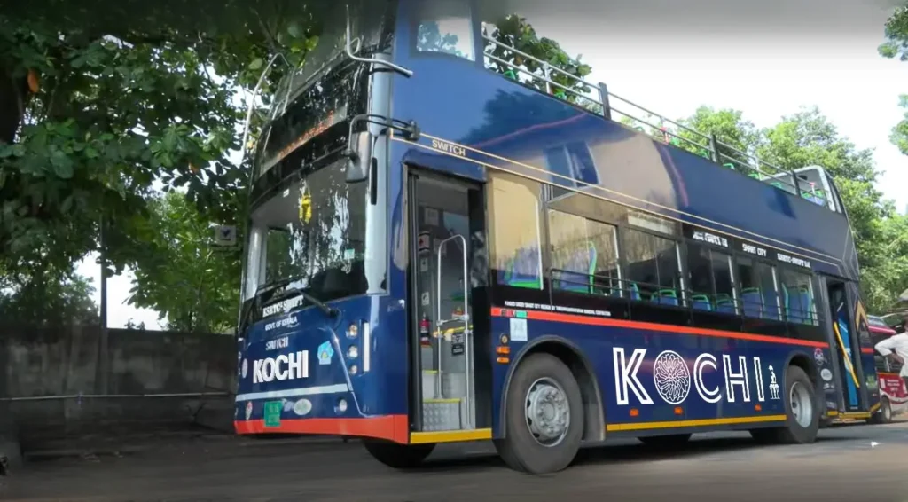 A double decker bus waiting in the roadside